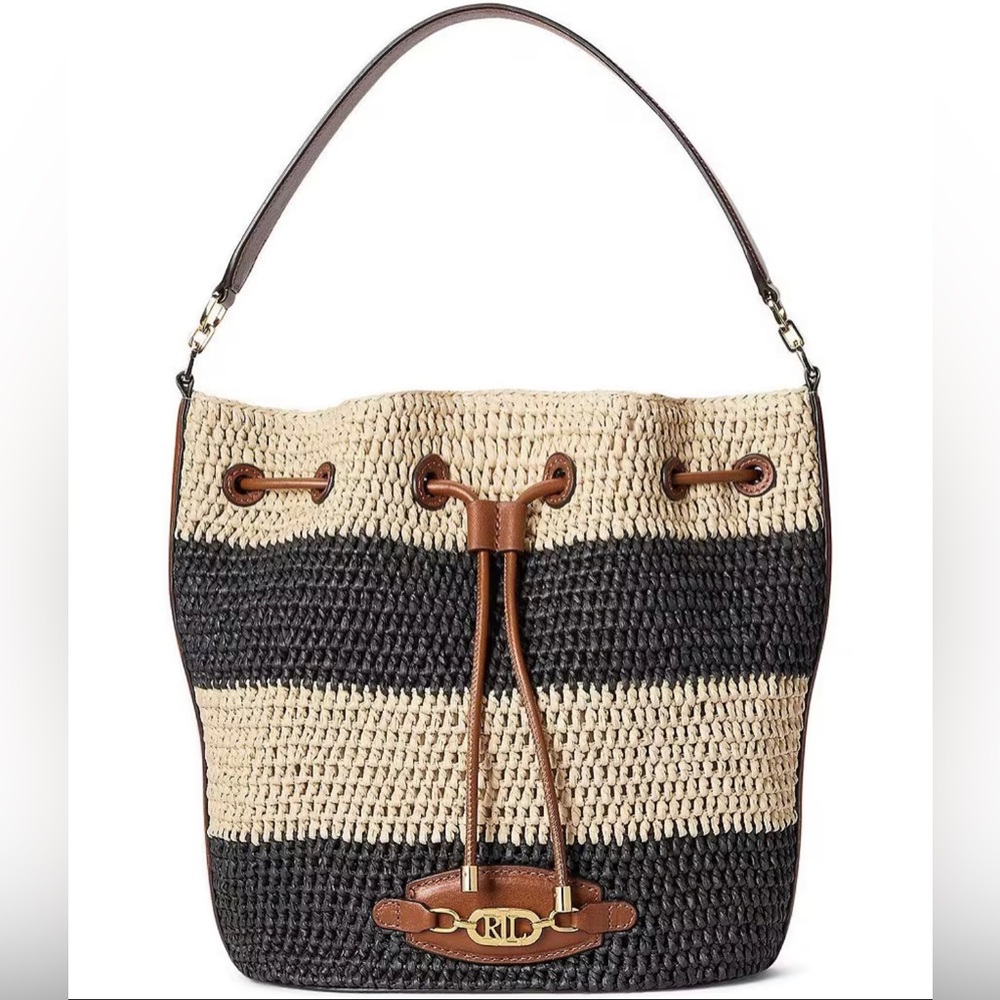 NWT Ralph Lauren Andie Raffia Straw Medium Drawstring Bag  NATURAL/BLACK/LAUREN